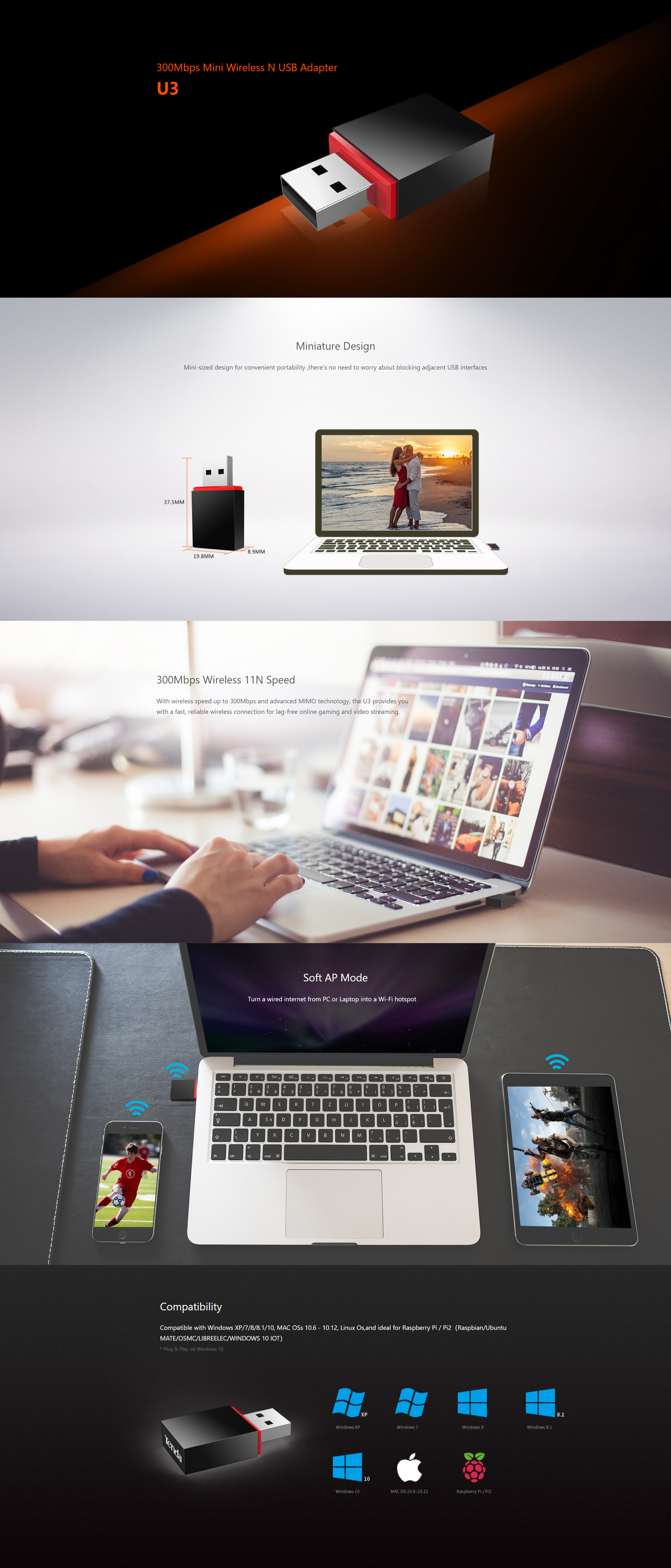 A large marketing image providing additional information about the product Tenda U3 N300 Wi-Fi Mini USB Adapter - Additional alt info not provided